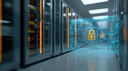 Modern server room with digital security overlay showing encryption and data protection.