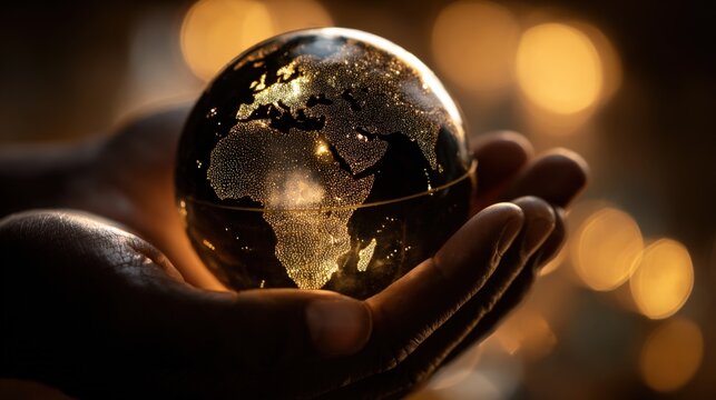 Hand holding a glowing illuminated glass globe with illuminated world map in warm light.
