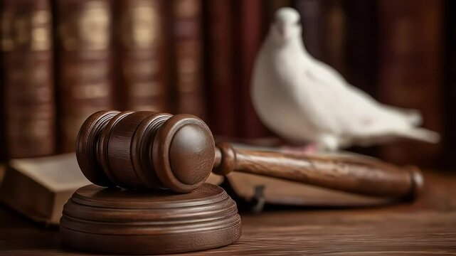 A wooden gavel rests on a sound block, with a white dove slightly blurred in the background, in front of out-of-focus books.