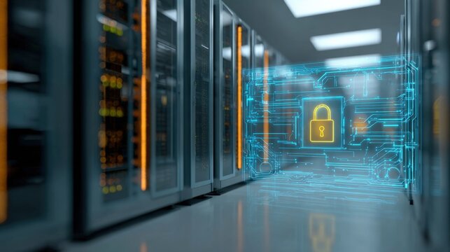 Modern server room with digital security overlay showing encryption and data protection. - Powered by Adobe