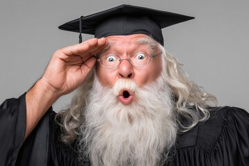 amazed graduate saluting, surprised scholar, concept funny graduation
