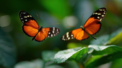 Fototapeta premium Vibrant orange and black butterflies fluttering over lush green tropical foliage nature scene.