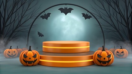 Spooky halloween scene with jack o lanterns and bats flying under a full moon