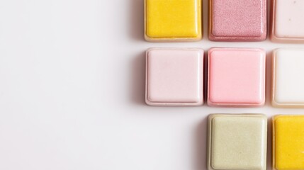 Fototapeta premium Colorful square tiles arranged in a neat grid with pastel and bright shades.