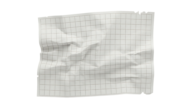 Crumpled grid paper with a torn edge floats against a transparent background, perfect for textures and abstract graphic designs.