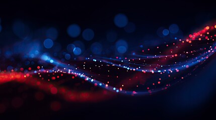 Abstract wave of particles and dots on a dark blue background, with a glowing effect and a red glow of light. A blue gradient background with bokeh lights, suitable for a banner design. An abstract 