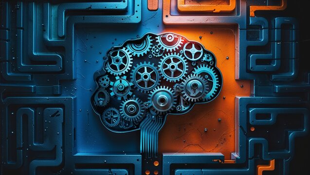 Metallic brain with gears represents artificial intelligence and neural networks on a maze like background.