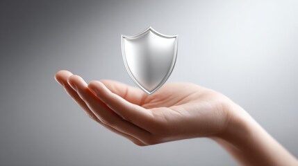 Human hand holding a reflective metallic shield symbolizing protection and security.