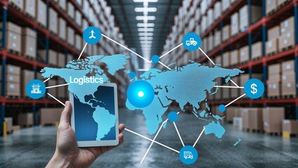 Logistics network represented over a world map with warehouse in background, conveying global supply chain management and shipping.