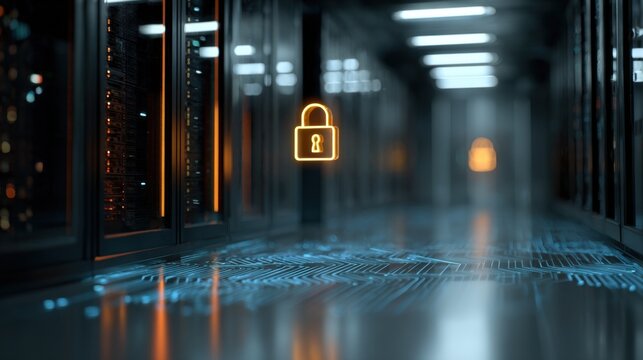 Modern data center server racks with digital network security technology for cloud computing. - Powered by Adobe