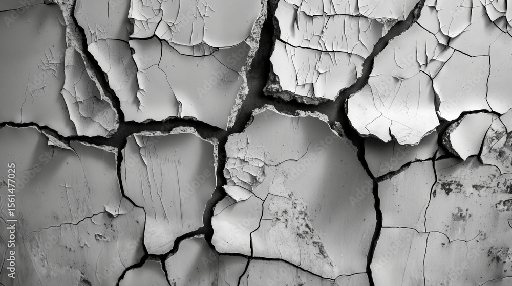 Poster close up of cracked and peeling gray paint surface showing texture and patterns of damage and aging