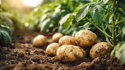 Freshly harvested potatoes growing in garden soil with vibrant green leaves and natural sunlight.