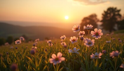 Sunset Meadow: Delicate Pink Flowers in Golden Light