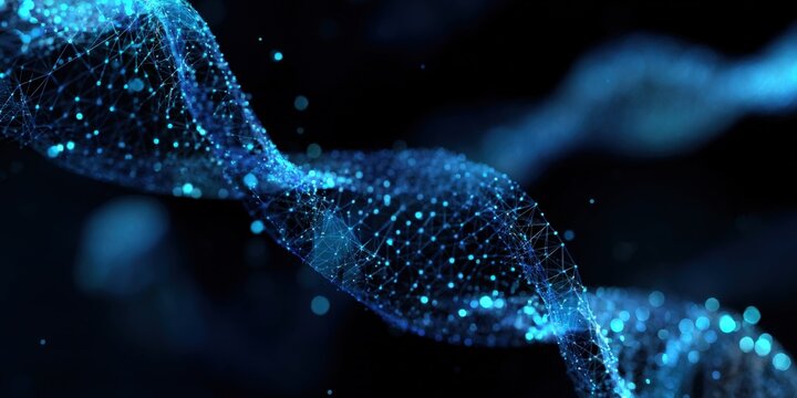 High Tech Digital DNA Strand Representation with Bright Blue Particles and Light Effects. - Powered by Adobe