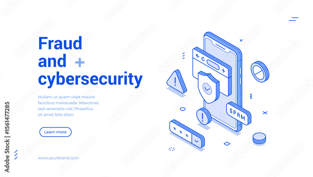 Poster fraud cyber security anti spam virus protection outline isometric web banner design template vector 