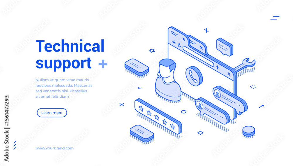 Poster technical customer support call center helpline outline isometric web banner design template vector 