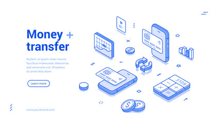 Online banking card money transfer mobile app outline isometric web banner design template vector illustration. Internet financial currency cashless transaction shopping payment landing page