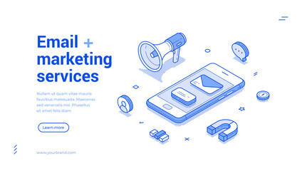 Email marketing service social media internet advertising outline isometric web banner design template vector illustration. Internet promo public announcement electronic mail message landing page