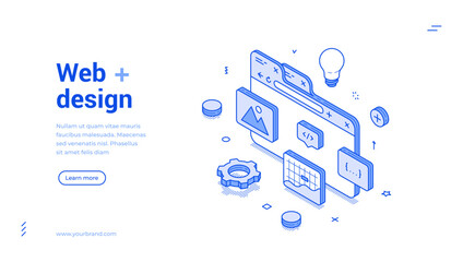 Web design internet page creation programming outline isometric banner design template vector illustration. Online marketing coding technology data building settings control panel landing page © provectors