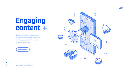 Engaging content social media network digital marketing outline isometric web banner design template vector illustration. Internet promo advertising auditorium interaction mobile app landing page