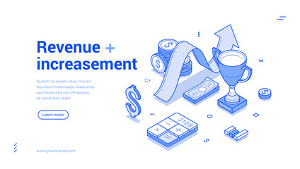 Revenue increasement business profit strategy outline isometric web banner design template vector illustration. Financial wealth salary growth increase commercial productivity efficiency landing page