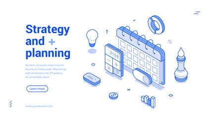Time management business strategy planning outline isometric web banner design template vector illustration. Financial commercial efficiency productivity development marketing accounting landing page