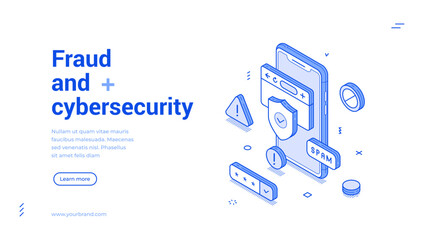 Fraud cyber security anti spam virus protection outline isometric web banner design template vector illustration. Internet secure password access verification safety guarantee mobile app landing page