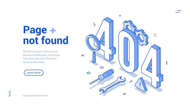 Page not found 404 error under construction outline isometric internet banner design template vector illustration. Connection mistake message online technical support information landing page