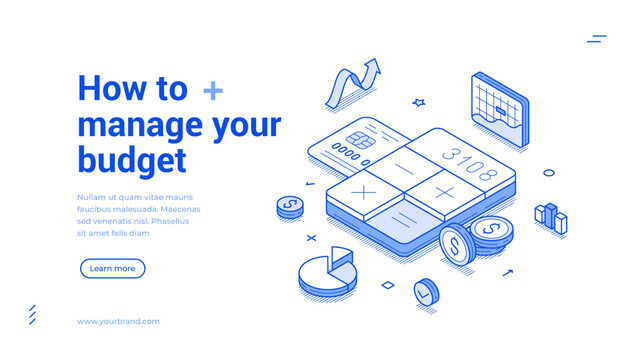 Budget balance planning management accounting outline isometric web banner design template vector illustration. Financial banking money earnings expenses checking bookkeeping economy landing page