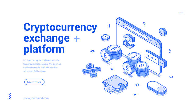 Cryptocurrency exchange platform online trading outline isometric web banner design template vector illustration. E money digital finance banking bitcoin blockchain virtual mining account landing page