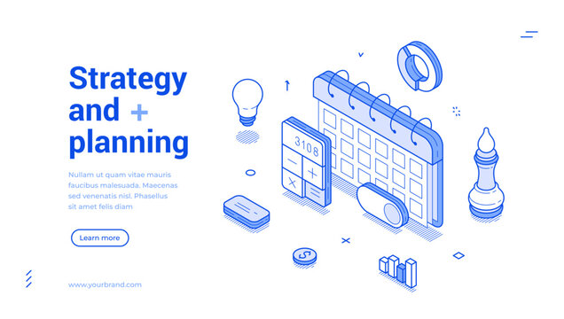 Time management business strategy planning outline isometric web banner design template vector illustration. Financial commercial efficiency productivity development marketing accounting landing page