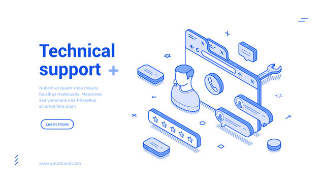 Technical customer support call center helpline outline isometric web banner design template vector illustration. Hotline client help assistance feedback online live chat operator landing page