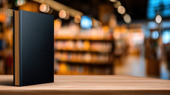 A solitary black book standing on a wooden table in a blurred bookstore background