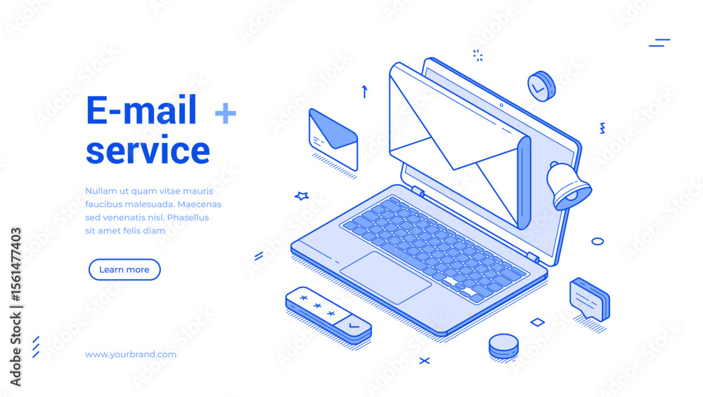 Poster email mail service computer internet message outline isometric web banner design template vector ill