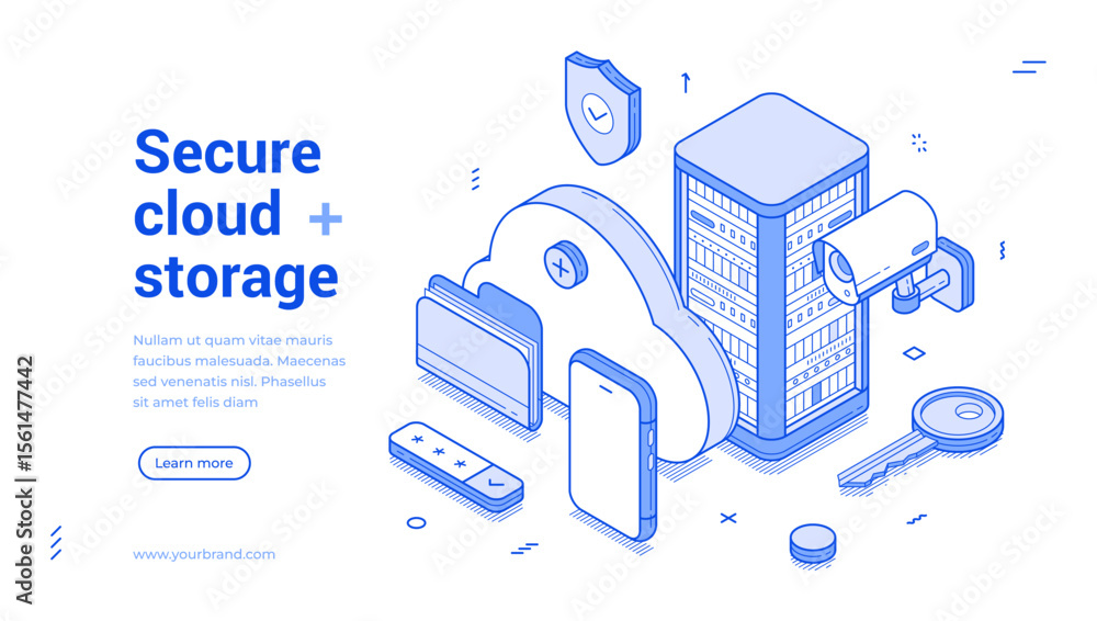 Poster secure cloud storage data safety information technology outline isometric web banner design template
