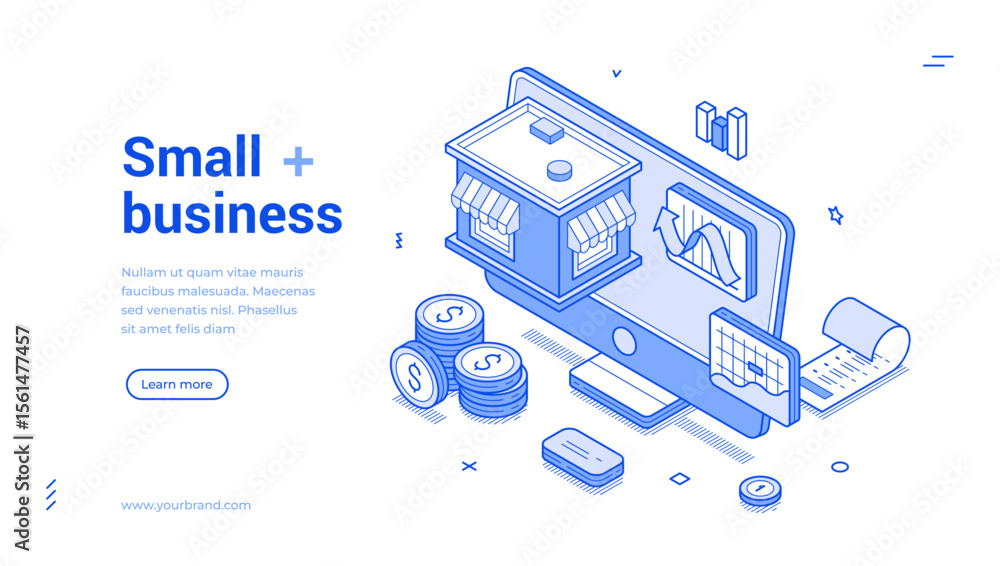 Aufkleber small business strategy development workflow outline isometric web banner design template vector ill