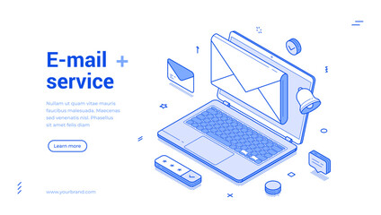 Email mail service computer internet message outline isometric web banner design template vector illustration. Online chat newsletter incoming correspondence cyberspace technology landing page