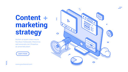 Content digital internet marketing strategy development outline isometric web banner design template vector illustration. Online promo commercial advertising commercial technology landing page