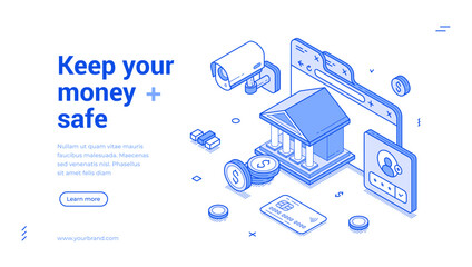 Keep your money safe banking financial service outline isometric web banner design template vector illustration. Bank finance currency safety storage guarantee savings investment fund landing page
