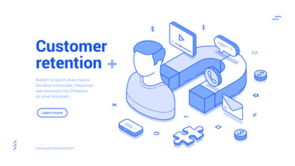 Customer retention business marketing strategy outline isometric web banner design template vector illustration. Client searching internet leadership service productivity efficiency development