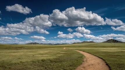 Expansive grassy plain with a winding dirt path under a bright blue sky filled with fluffy white clouds.
