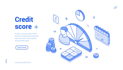 Credit score customer banking loyalty rate outline isometric web banner design template vector illustration. Financial bank personal client accounting cost ranking profit planning debt landing page