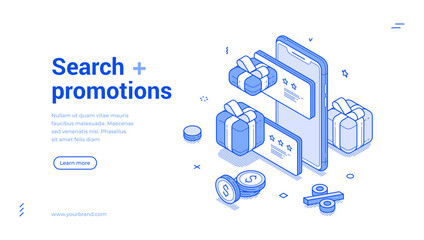 Search promotion loyalty sale online shopping outline isometric web banner design template vector illustration. Internet store shop marketplace special offer discount research mobile app technology