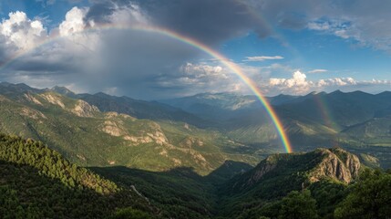 Breathtaking mountain landscape with lush green forests and vivid rainbow arching across cloudy sky.