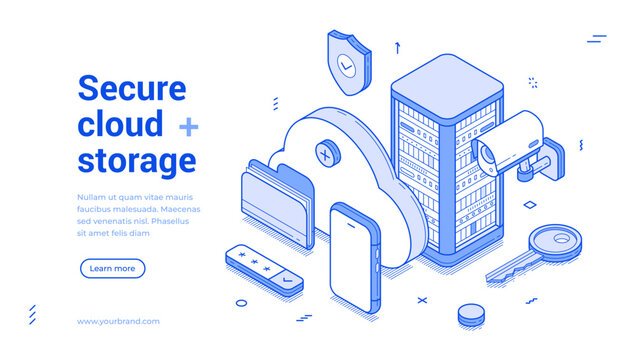 Secure cloud storage data safety information technology outline isometric web banner design template vector illustration. Database personal user archive account internet protection landing page