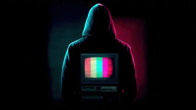 Mysterious figure in hooded sweatshirt with vintage television displaying color test pattern.