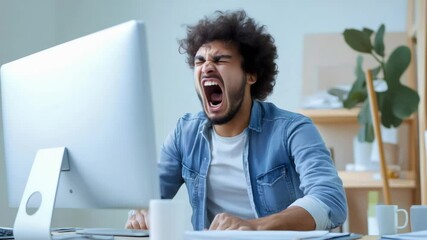 Professional employee experiencing extreme workplace stress, venting frustration by screaming near computer while struggling with challenging work assignment in contemporary corporate environment - Powered by Adobe