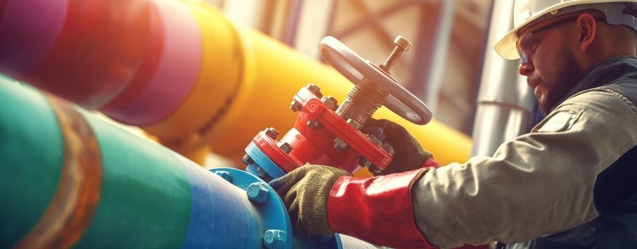 The industrial worker operates a valve on a colorful pipeline system.