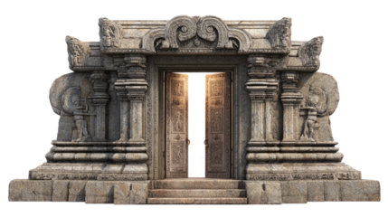 Open stone temple double doors, ancient carvings glowing with light, isolated on white