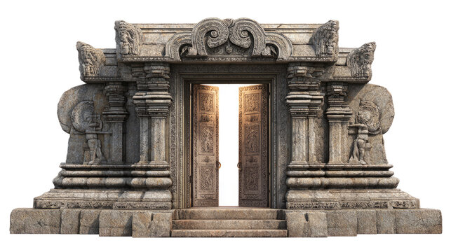 Open stone temple double doors, ancient carvings glowing with light, isolated on white